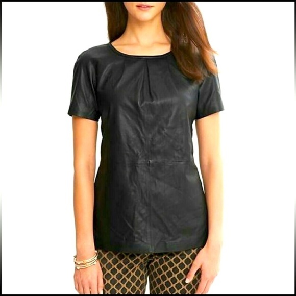 Banana Republic Pleated Leather Short Sleeve Top Western Rock Grunge Black Large - Picture 1 of 16
